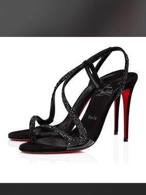 Christian Louboutin Black Crystal Strappy Stiletto Sandals with Red Sole